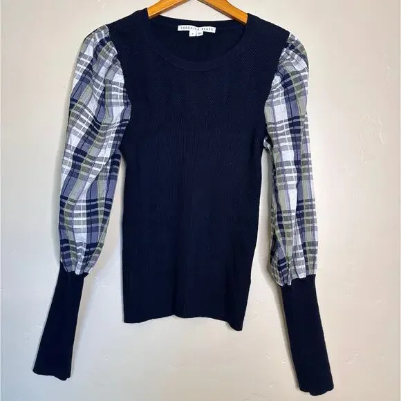 Veronica Beard Leila Wool Rib-Knit & Plaid Sweater - Picture 2 of 7